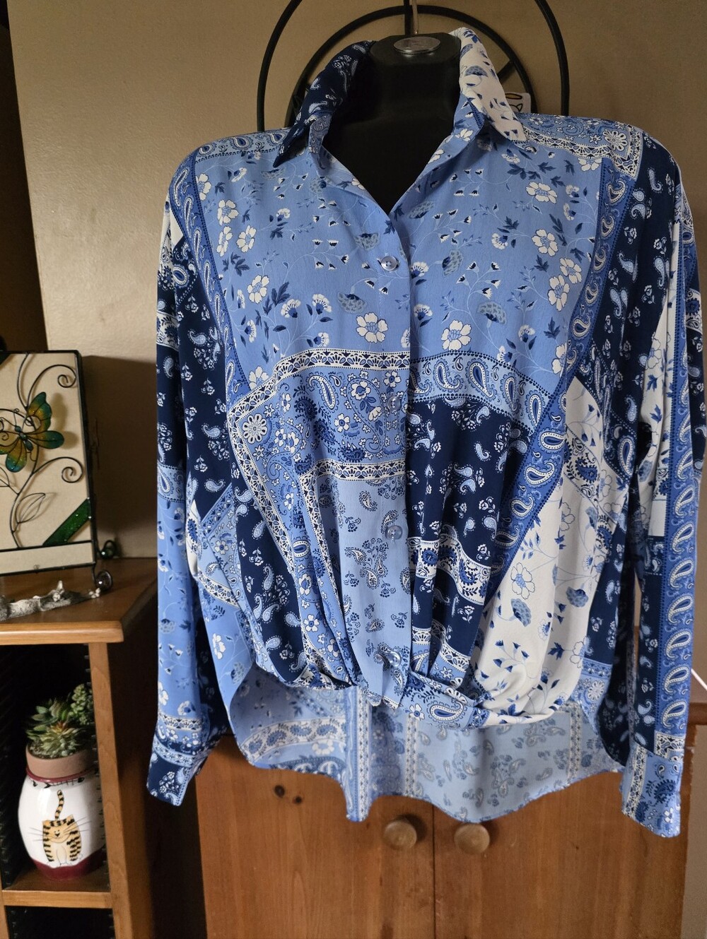 Blue Bandana-Print Patchwork Paisley Floral Button-Down Gathered Front Blouse